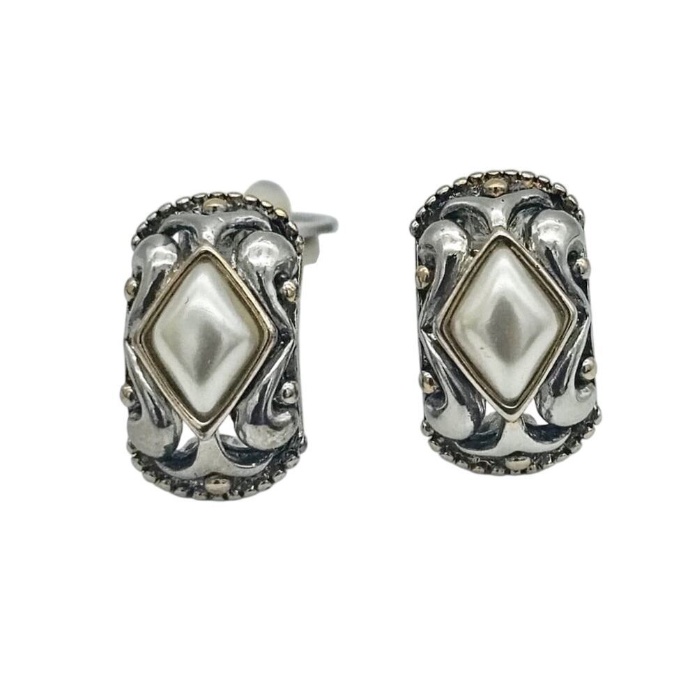 Vintage Clip On Statement Earrings Faux Pearl Gold And Silver Toned - Picture 2 of 6